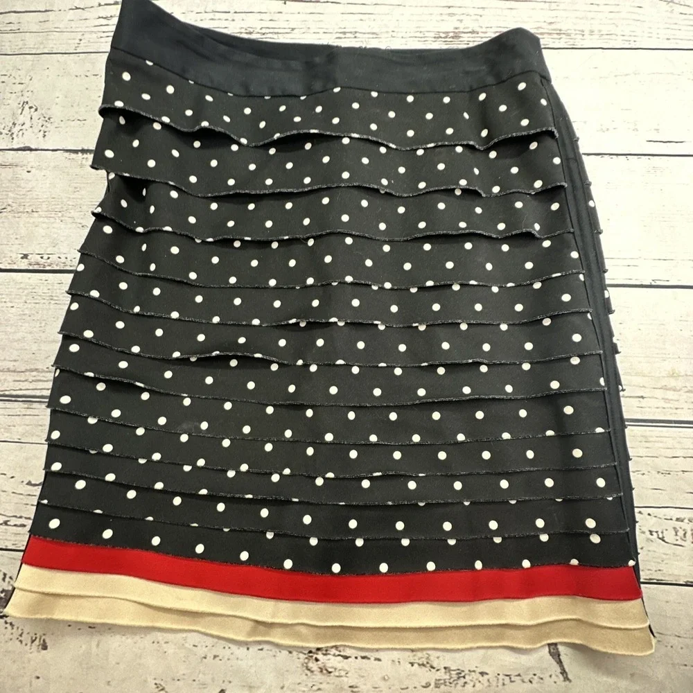 White House Black Market Polka Dot Tiered Ruffle Skirt Womens 6 Black Red Cream